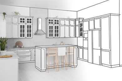 From idea to realization. Stylish kitchen interior. Collage of photo and sketch