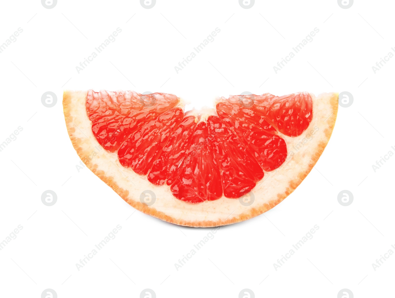 Photo of Slice of ripe juicy grapefruit on white background