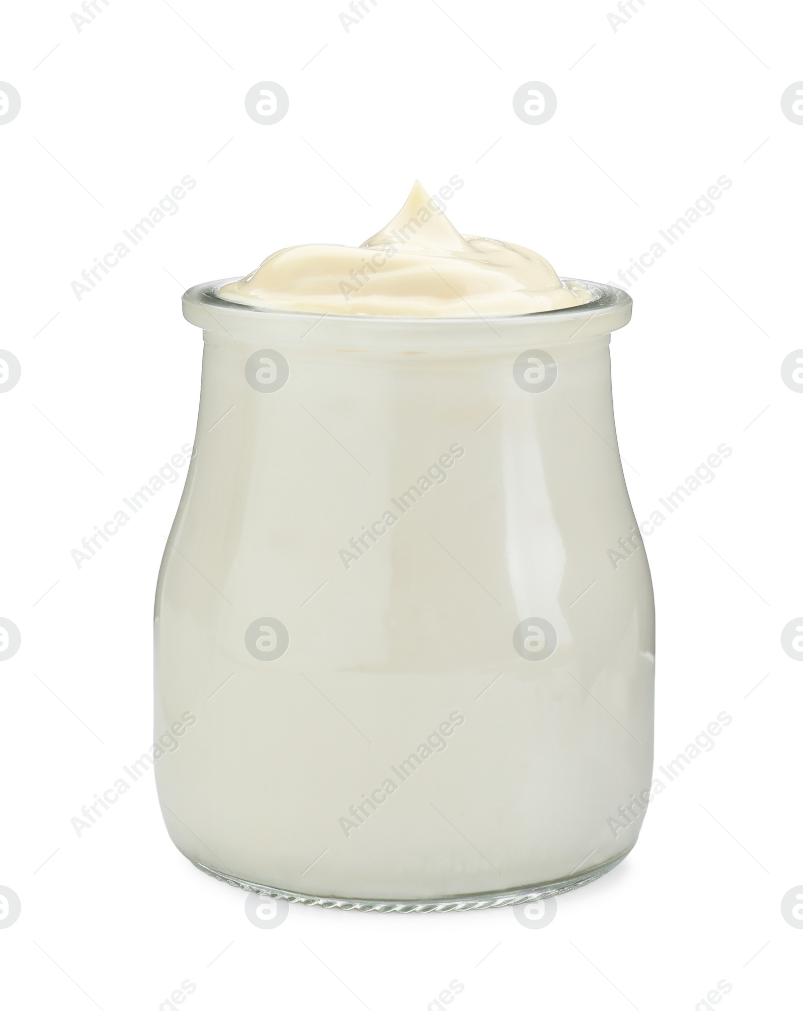 Photo of Fresh mayonnaise sauce in glass jar isolated on white