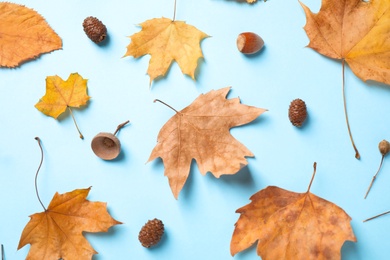 Photo of Flat lay composition with autumn leaves on blue background