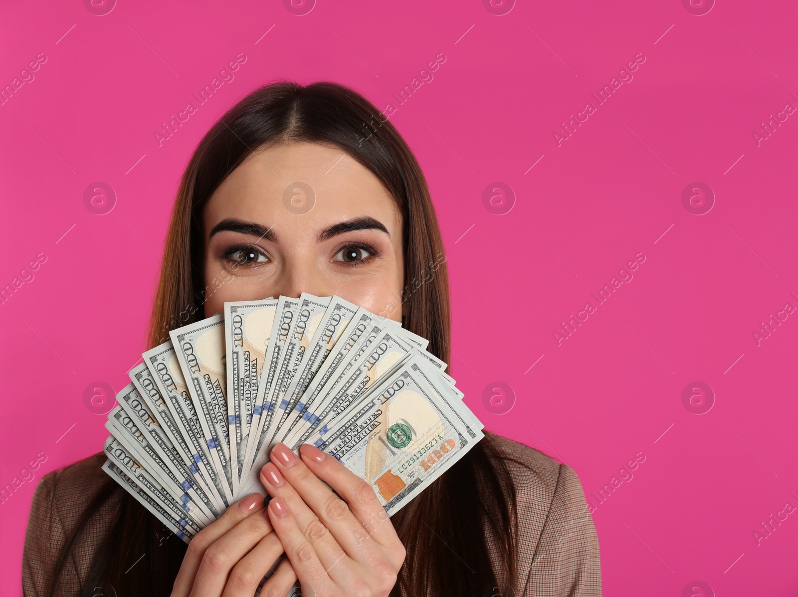 Photo of Businesswoman with money on color background. Space for text