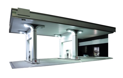 Modern gas station on white background, exterior