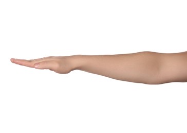 Photo of Playing rock, paper and scissors. Man making paper with his fingers on white background, closeup