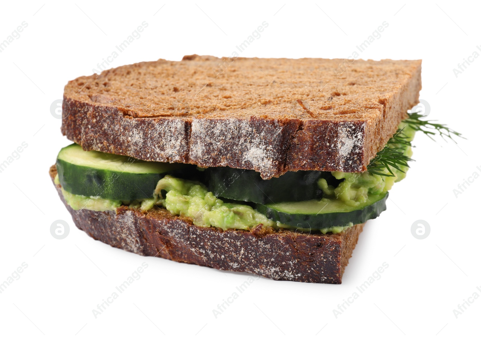 Photo of Tasty sandwich with cucumber, cream cheese and dill isolated on white, closeup