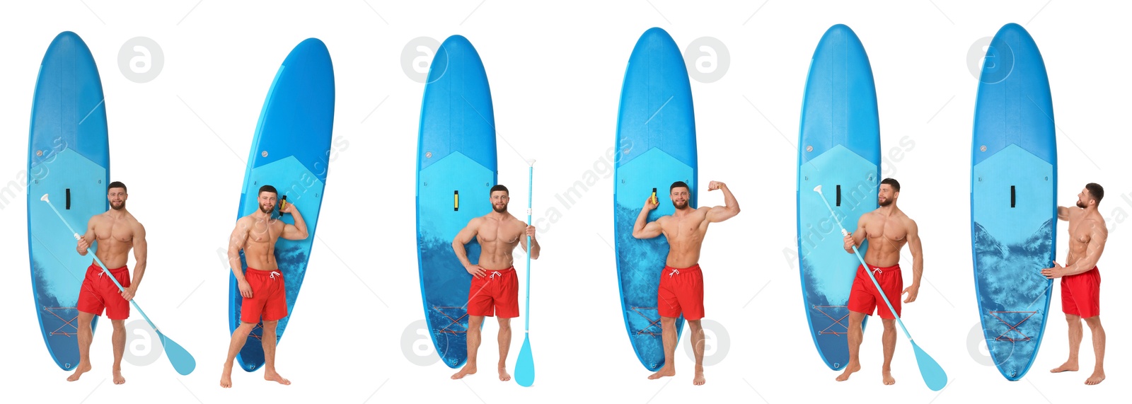 Image of Photos of young man with sup board isolated on white, collage