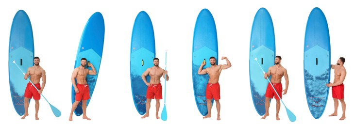 Photos of young man with sup board isolated on white, collage