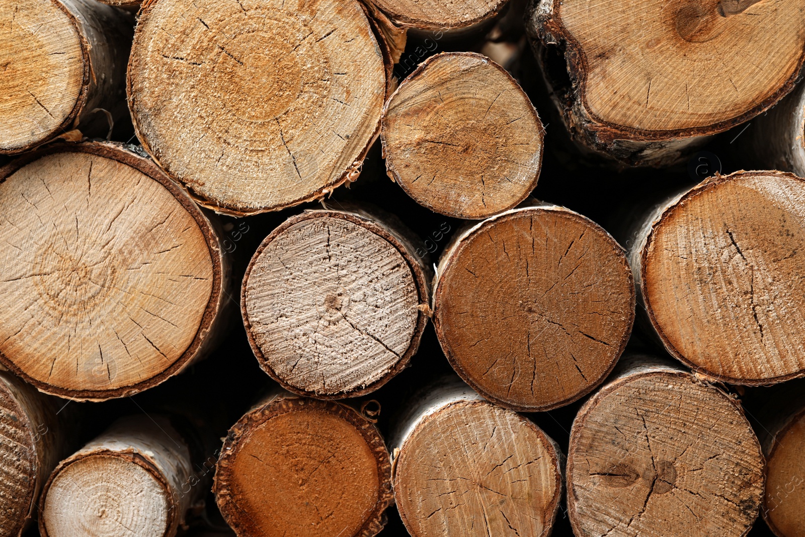 Photo of Stack of cut firewood as background, closeup view