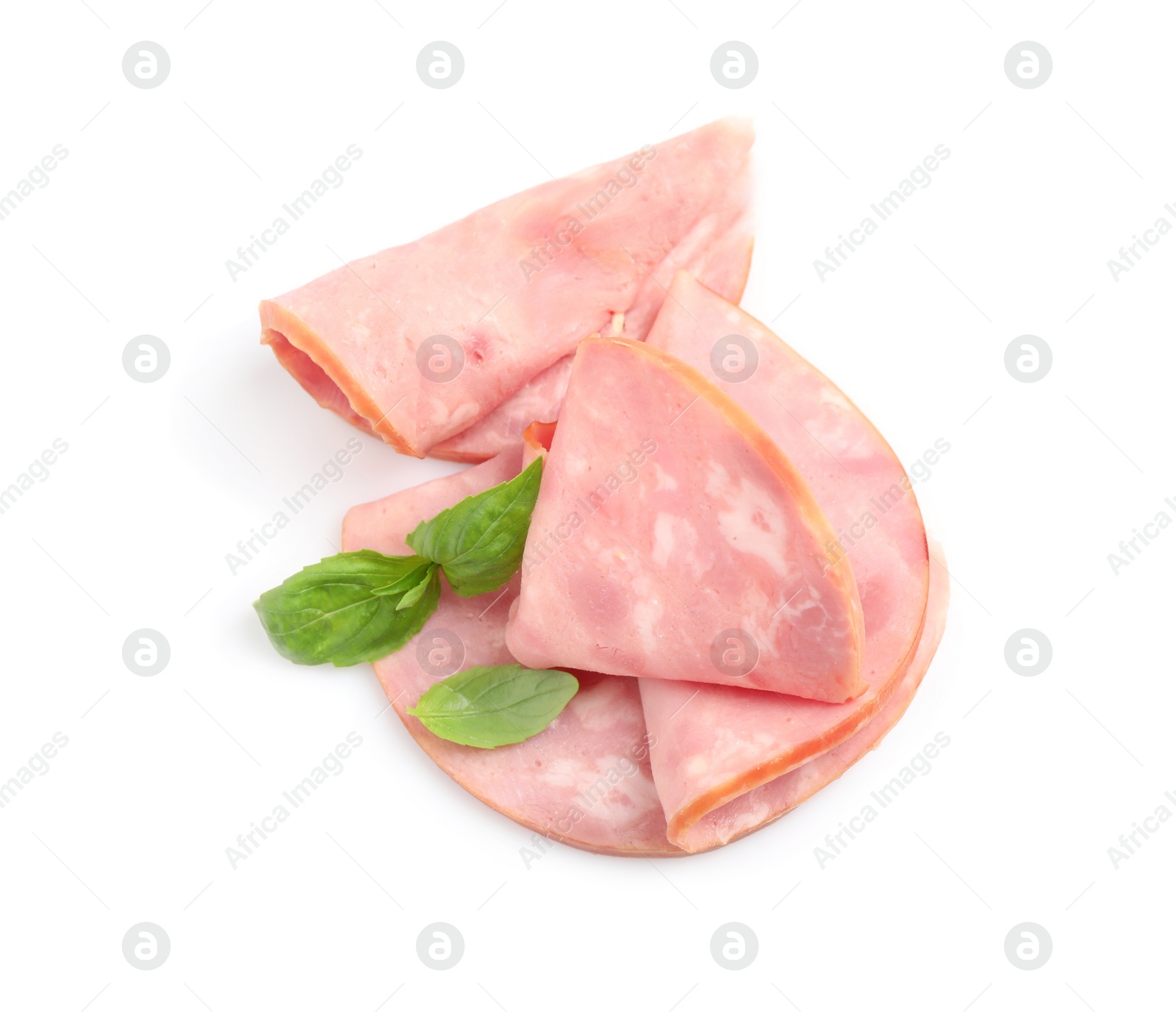 Photo of Tasty ham with basil isolated on white, top view