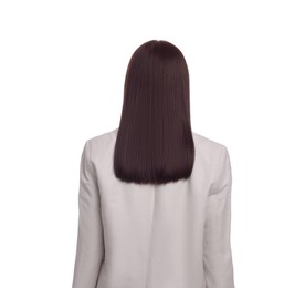 Businesswoman in suit on white background, back view