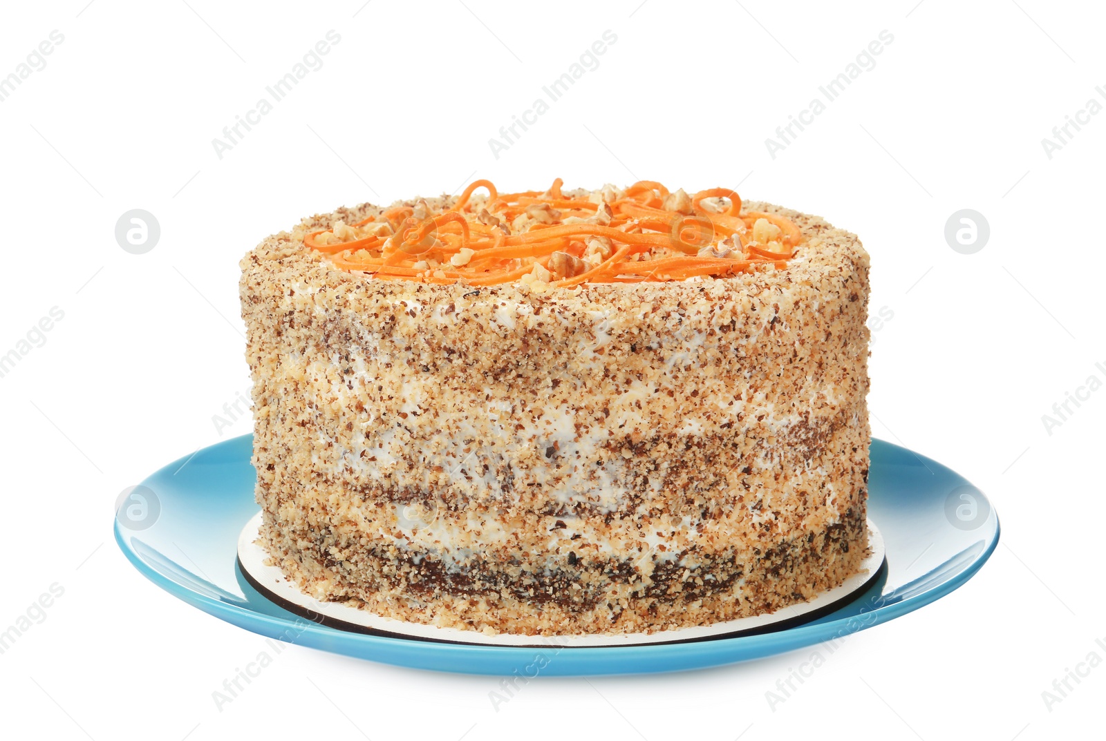 Photo of Dish with delicious carrot cake on white background