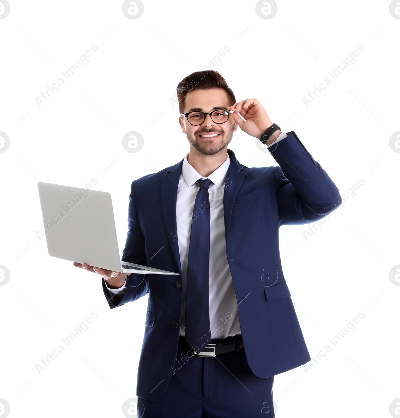 Photo of Young man with laptop on white background