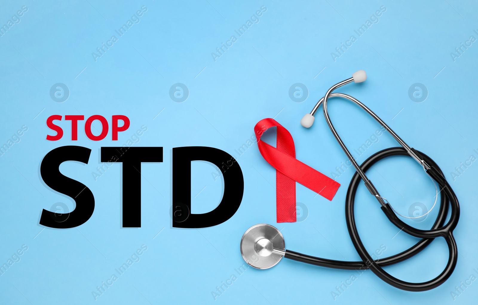 Image of Red awareness ribbon, stethoscope and text Stop STD on light blue background, flat lay