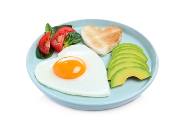 Photo of Romantic breakfast with fried heart shaped egg, avocado and toast isolated on white. Valentine's day celebration