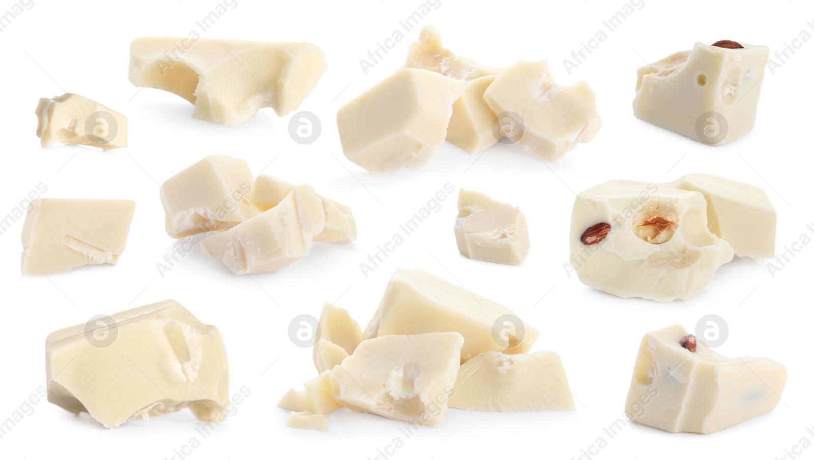 Image of Set with delicious chocolate chunks on white background