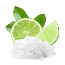 Image of Cut lime and salt isolated on white. Margarita cocktail ingredients