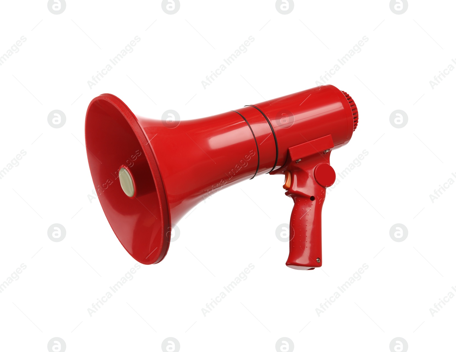 Photo of Red electronic megaphone on white background. Loud-speaking device