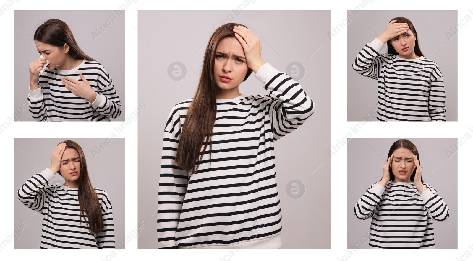 Image of Collage with photos of woman with cold symptoms on white background. Banner design