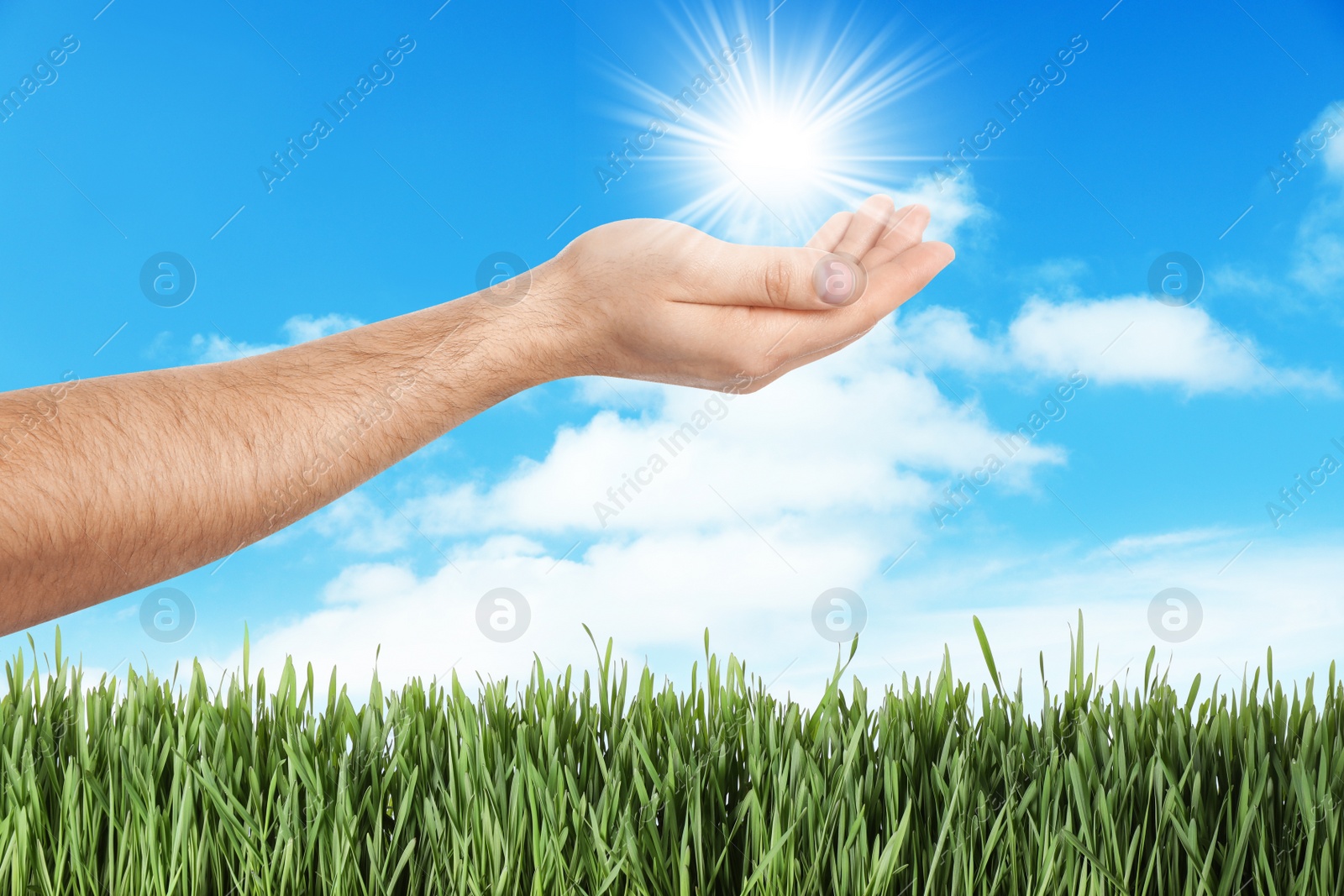 Image of Bright light in hand, closeup. Solar energy concept