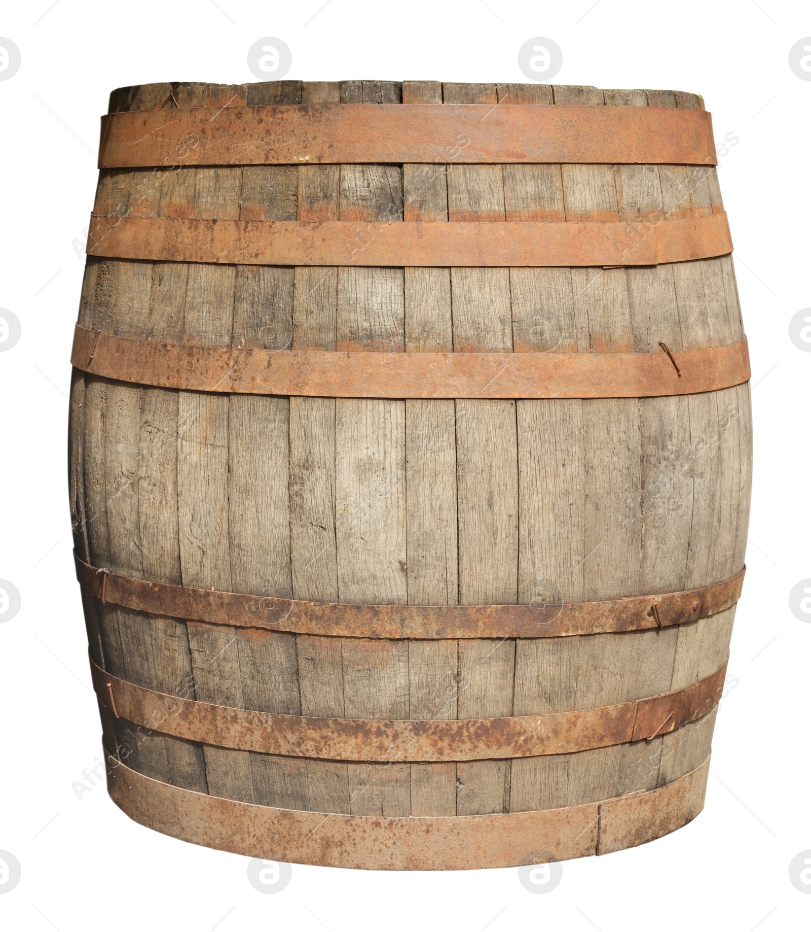 Image of One wooden barrel with metal hoops isolated on white