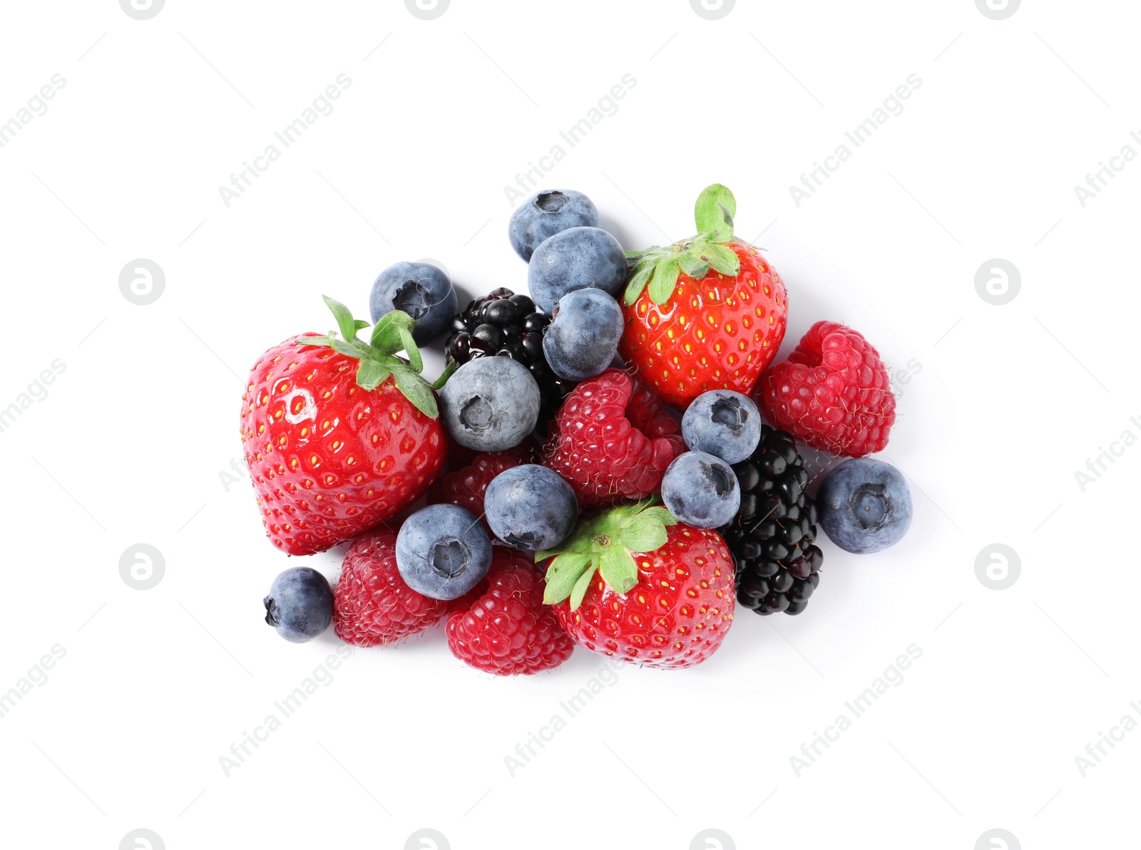 Photo of Many different ripe berries isolated on white, top view