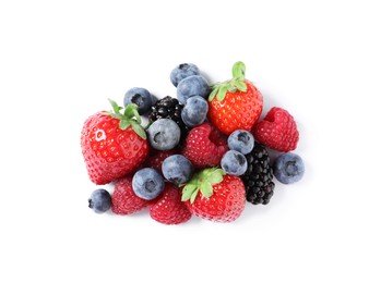 Photo of Many different ripe berries isolated on white, top view