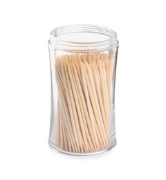 Holder with wooden toothpicks on white background