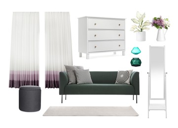 Stylish interior design. Different decorative elements and furniture on white background. Mood board collage