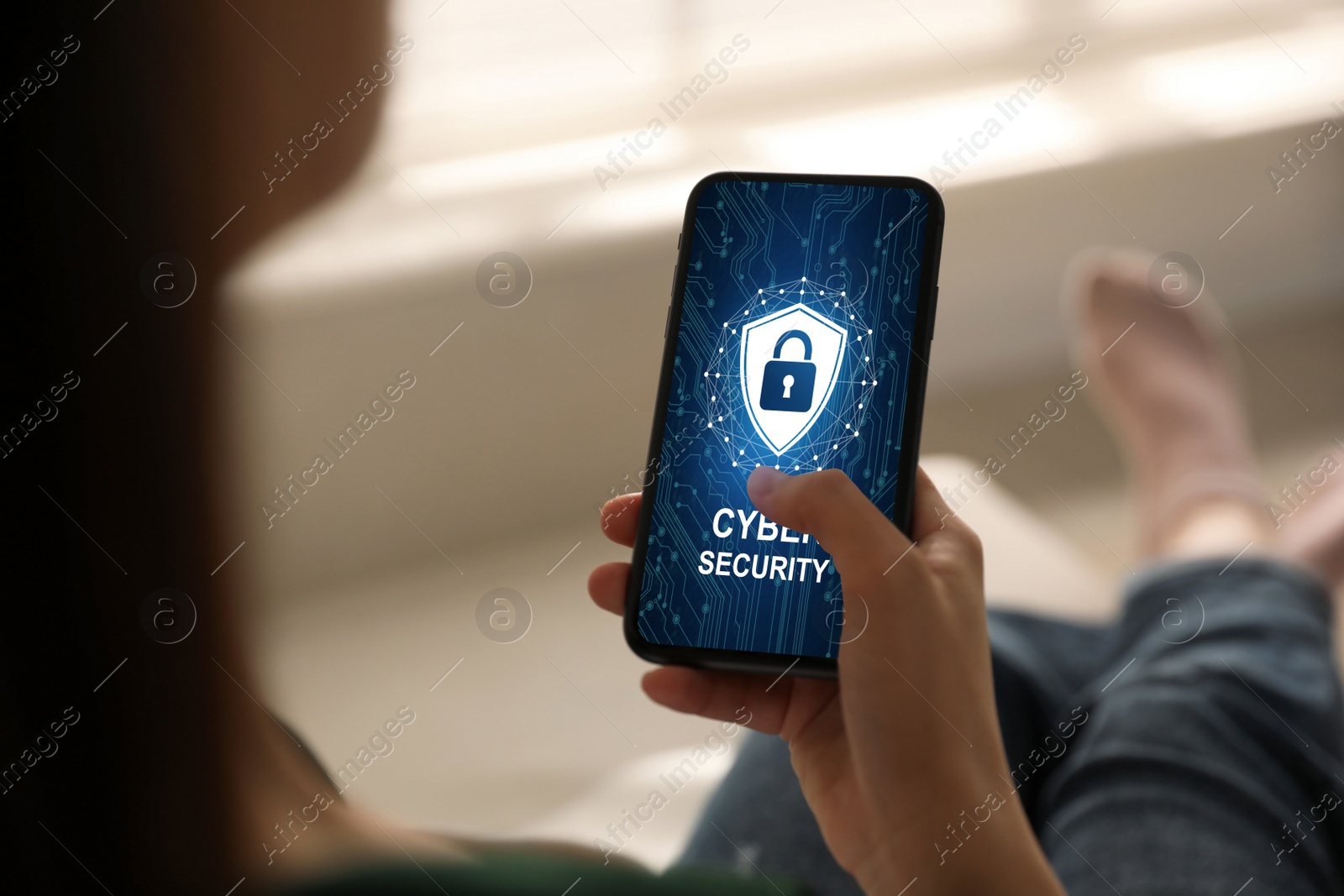 Image of  Cyber security concept. Woman using application on phone, closeup