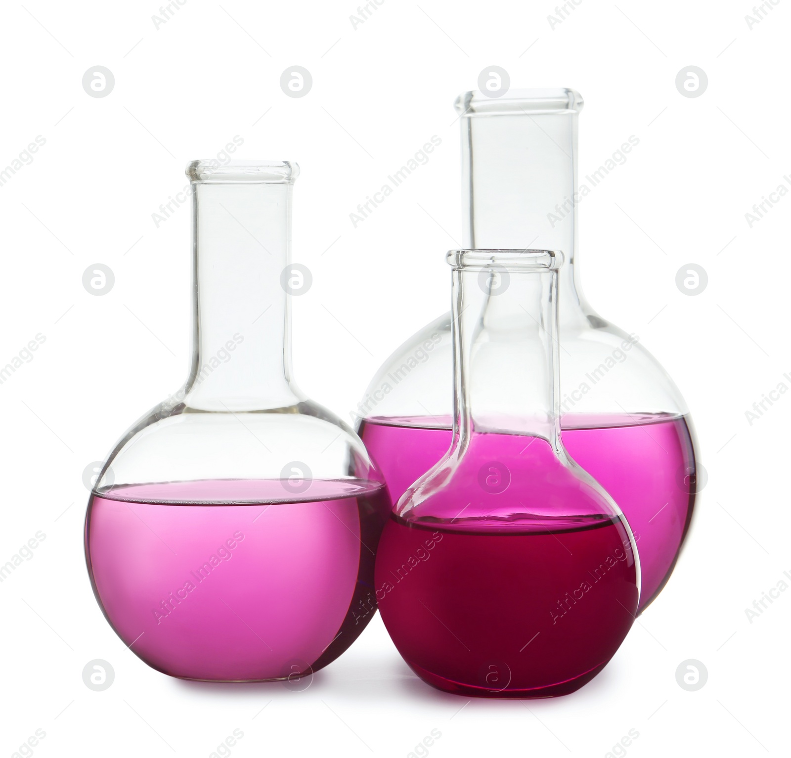 Photo of Florence flasks with purple liquid on white background