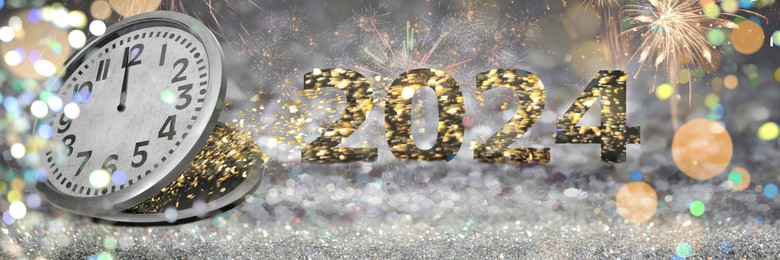 New year greeting card, banner design. Gold glitter flying from open clock making number 2024 on shiny background
