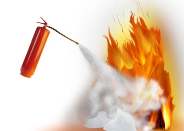 Image of Putting out flame with fire extinguisher on white background