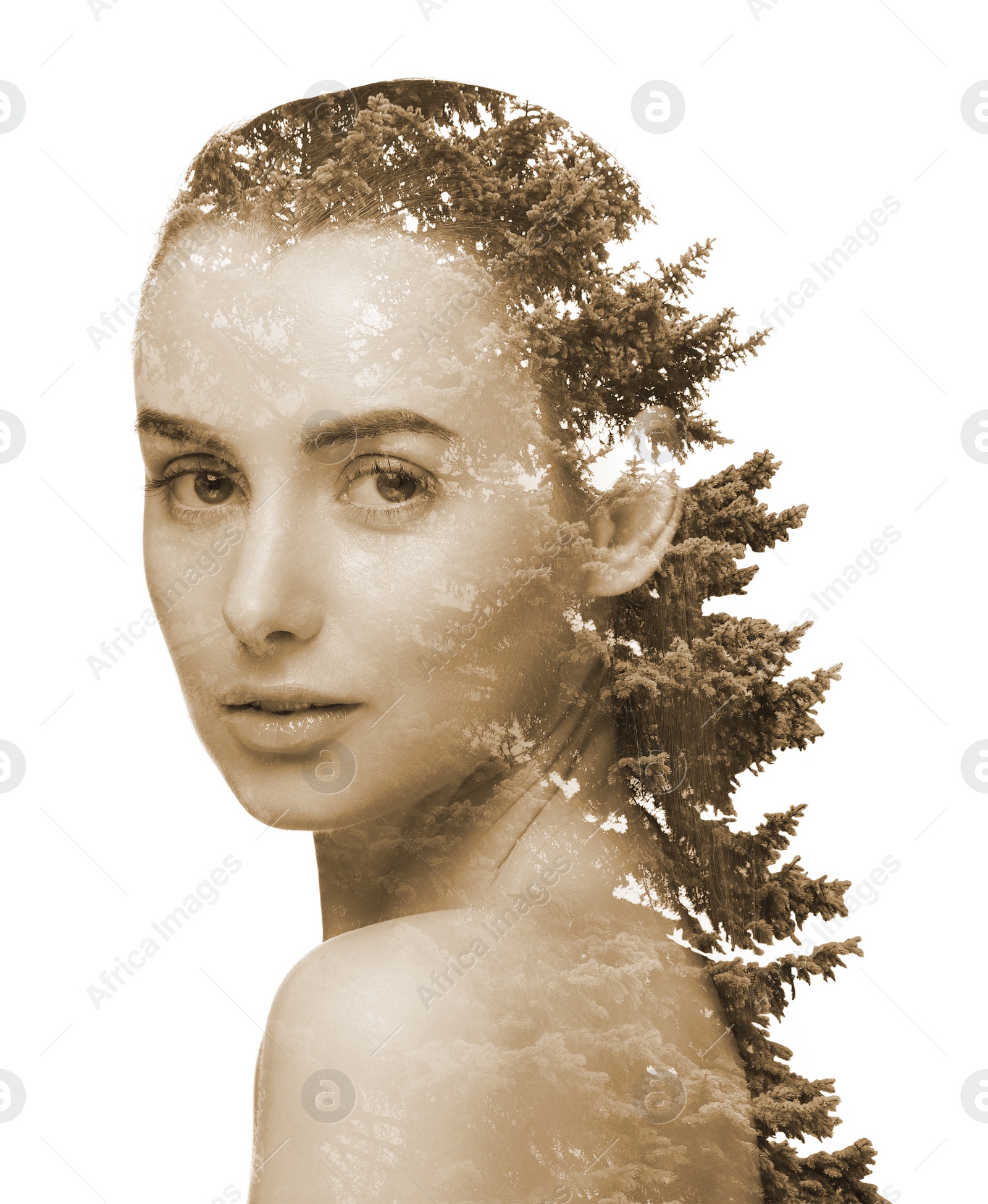 Image of Double exposure of woman and trees, sepia effect
