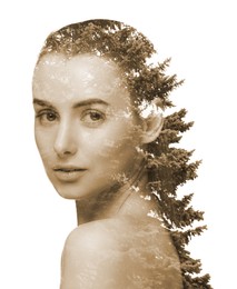 Image of Double exposure of woman and trees, sepia effect
