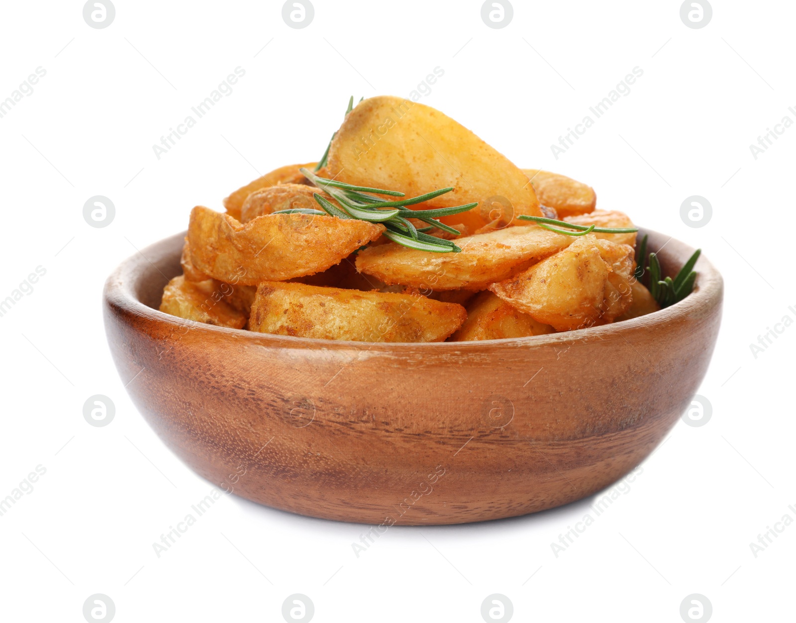 Photo of Baked potatoes with rosemary in bowl on white background