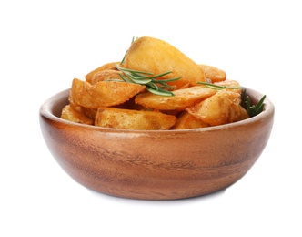 Photo of Baked potatoes with rosemary in bowl on white background