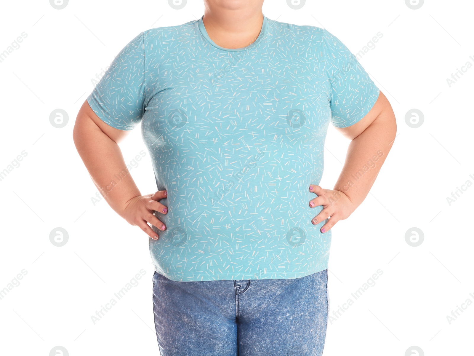 Photo of Overweight woman before weight loss on white background