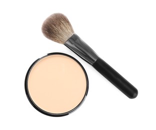 Photo of Face powder with brush on white background, top view. Makeup product
