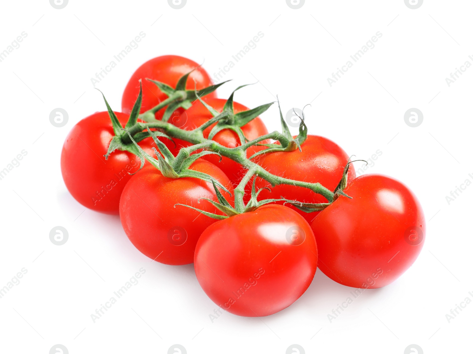 Photo of Branch of fresh cherry tomatoes isolated on white