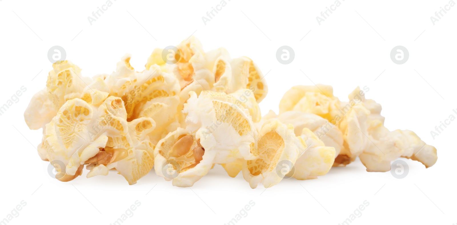 Photo of Fresh popcorn isolated on white. Tasty snack