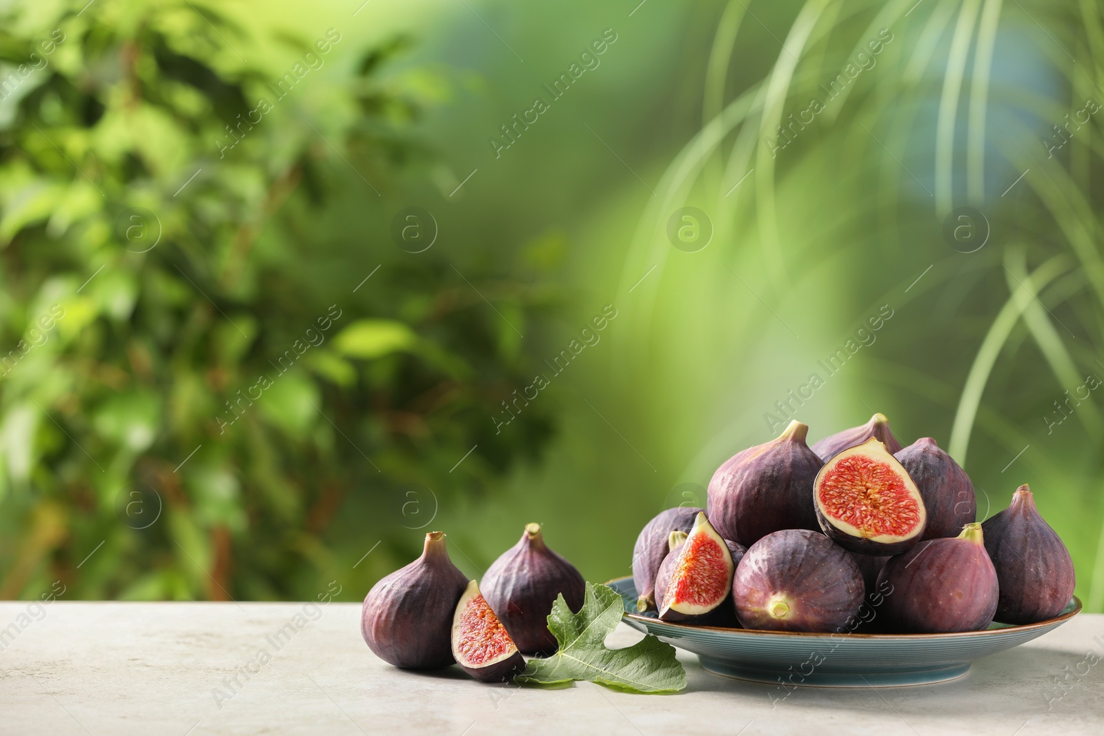 Photo of Plate with fresh ripe figs and green leaf on light table. Space for text