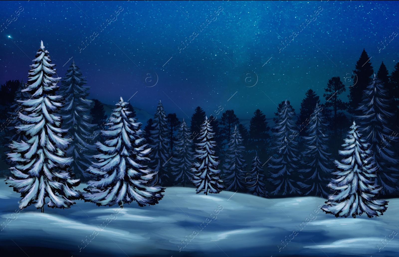 Image of Trees covered with snow in forest under starry night sky in winter