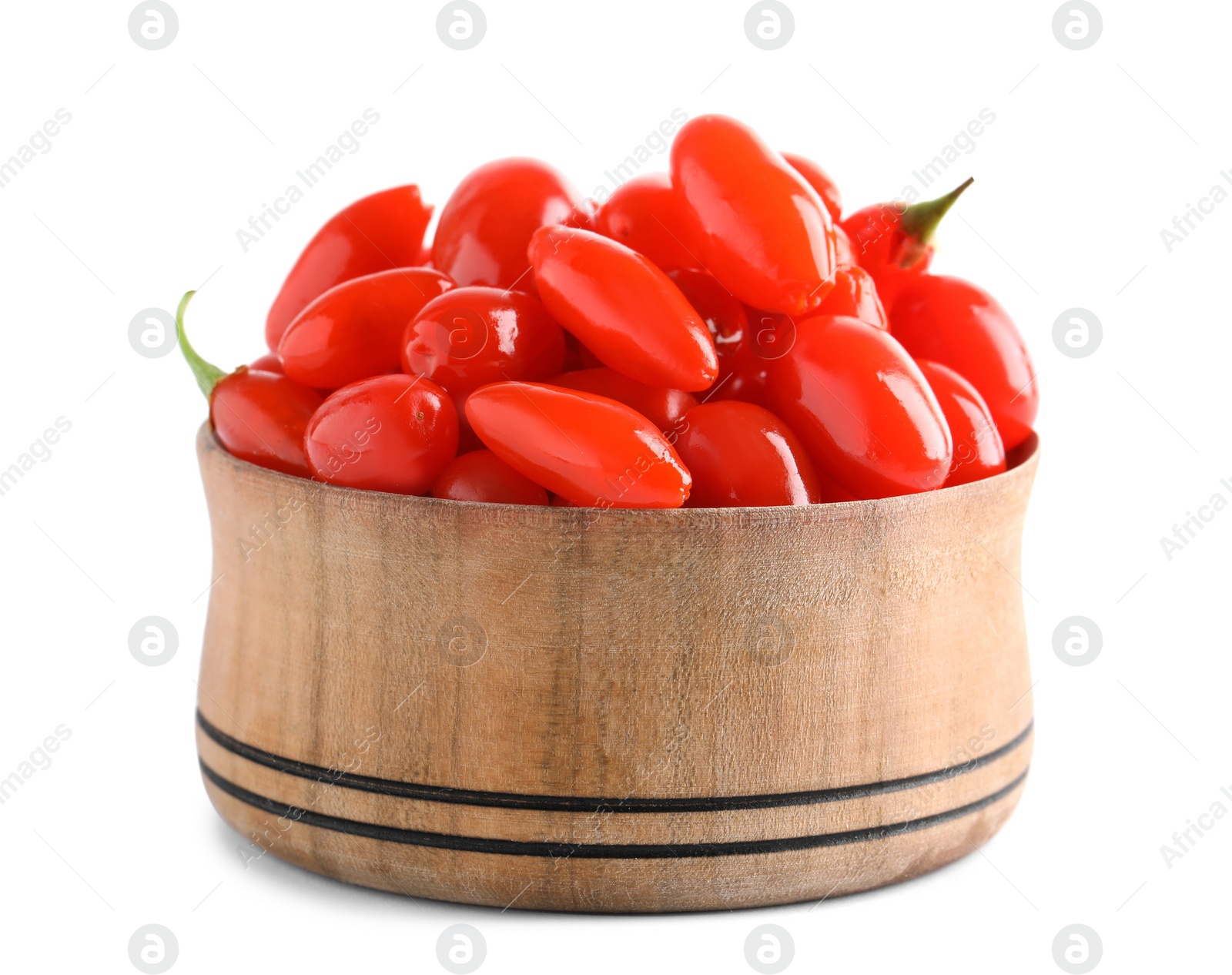 Photo of Fresh ripe goji berries in wooden bowl on white background