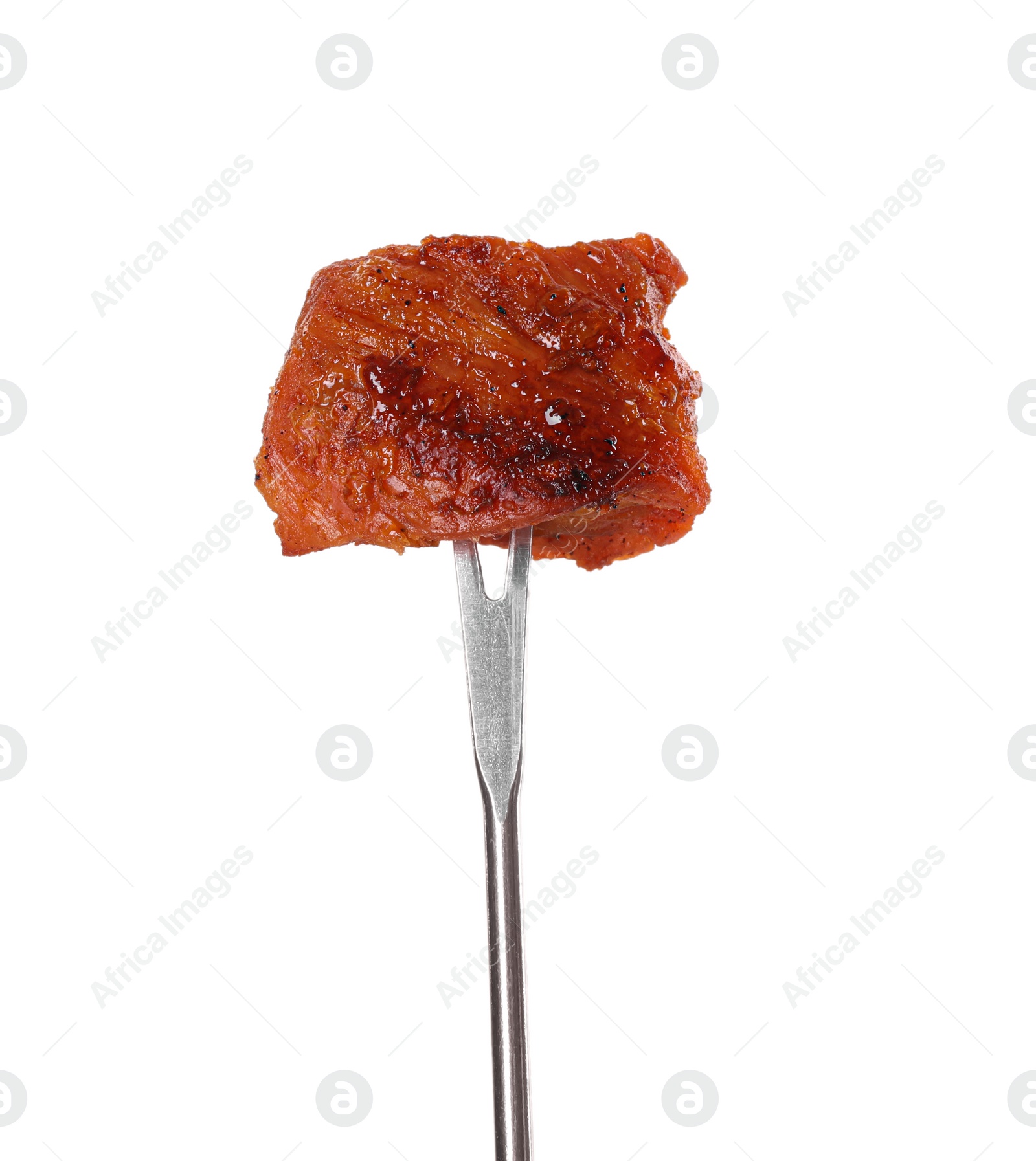 Photo of Fondue fork with piece of fried meat isolated on white