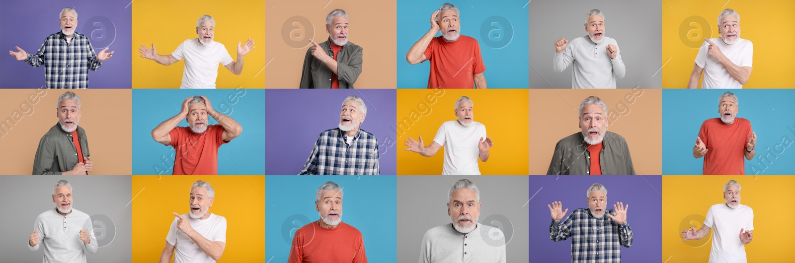 Image of Collage with photos of surprised man on different color backgrounds