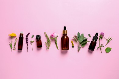 Photo of Bottles of essential oils, different herbs and flowers on pink background, flat lay