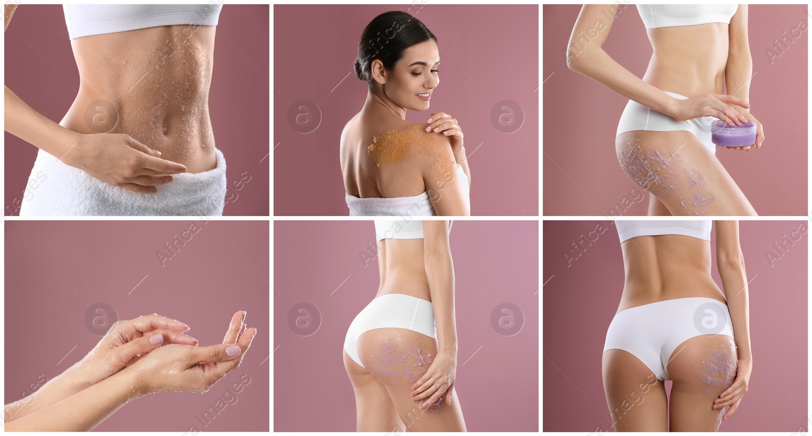 Image of Collage with photos of young women applying body scrubs on pink background