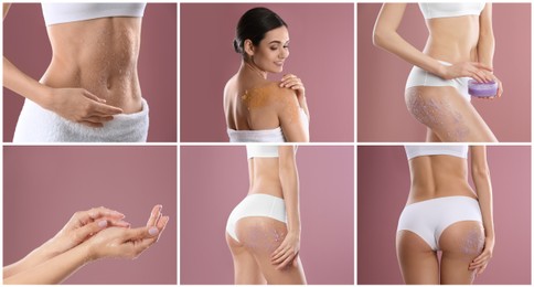 Image of Collage with photos of young women applying body scrubs on pink background