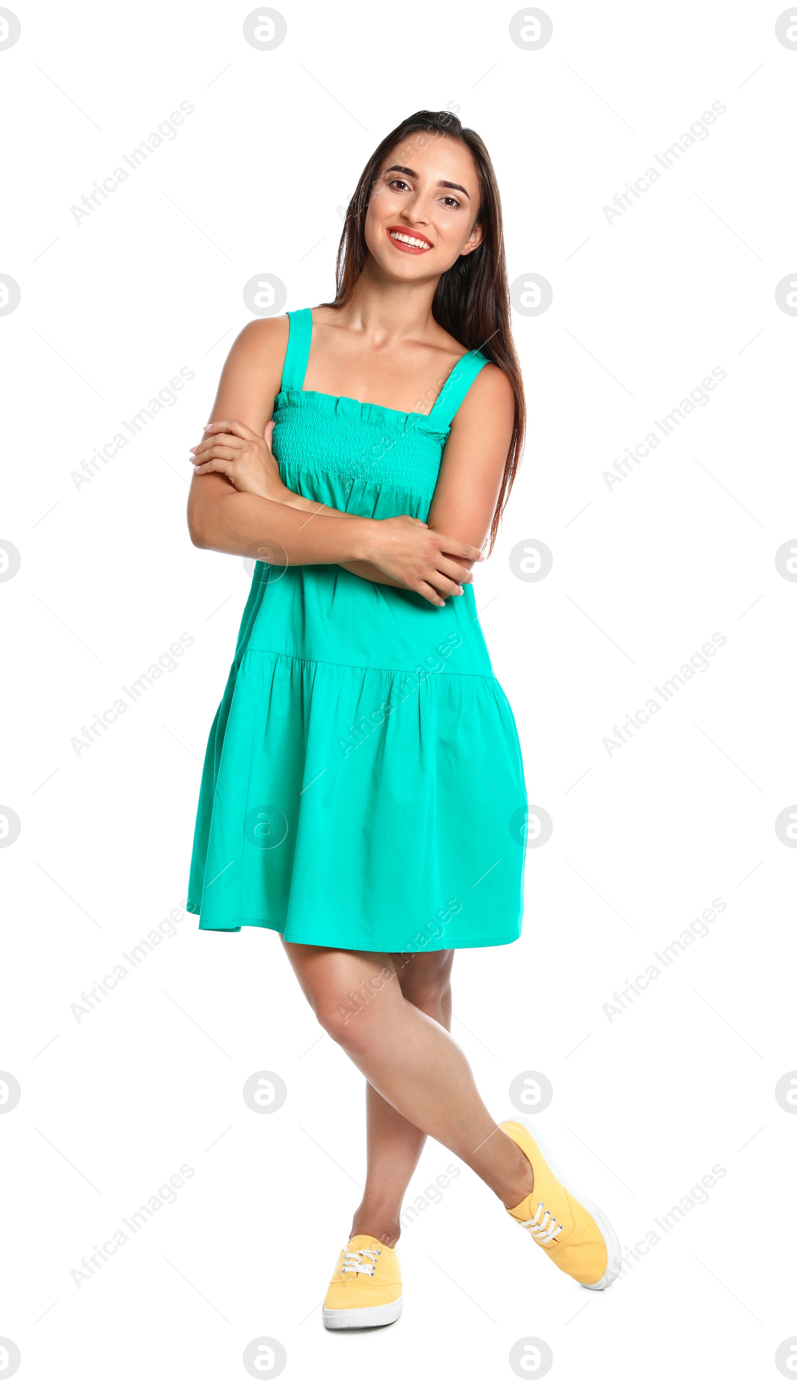 Photo of Full length portrait of young woman on white background