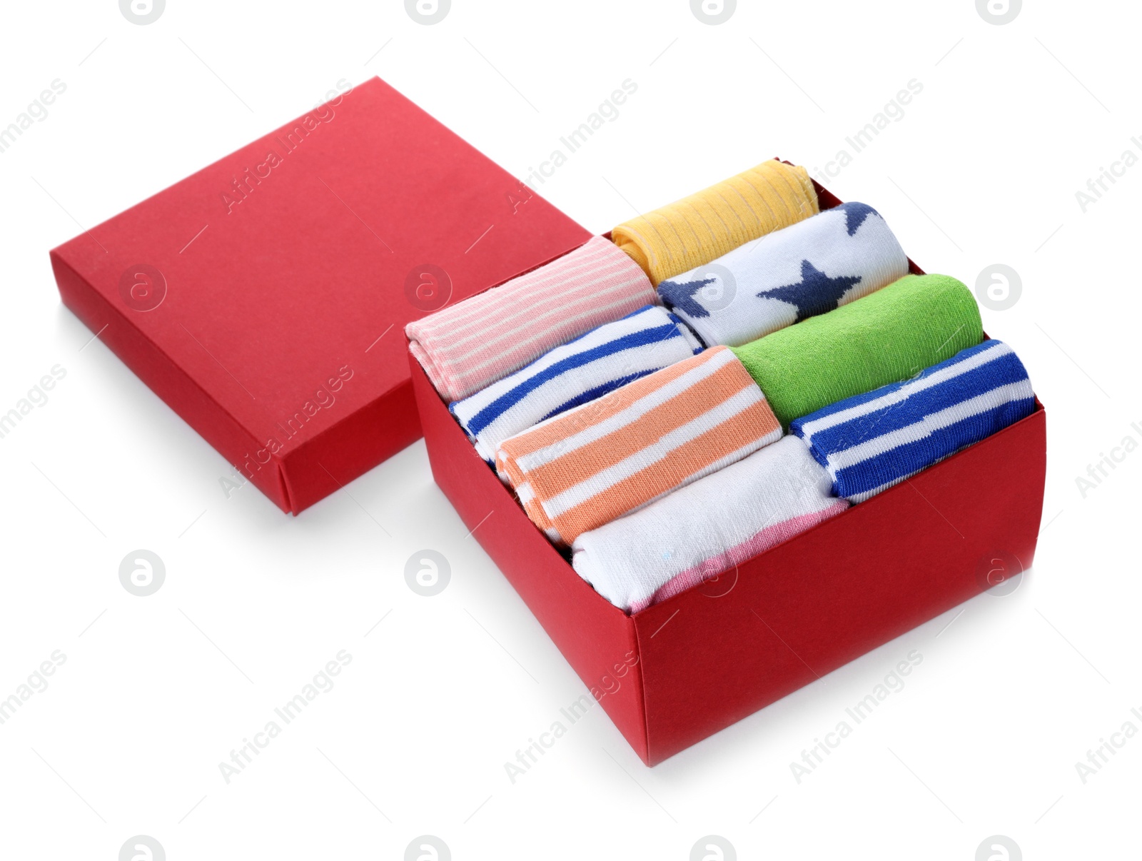 Photo of Box of child socks on white background