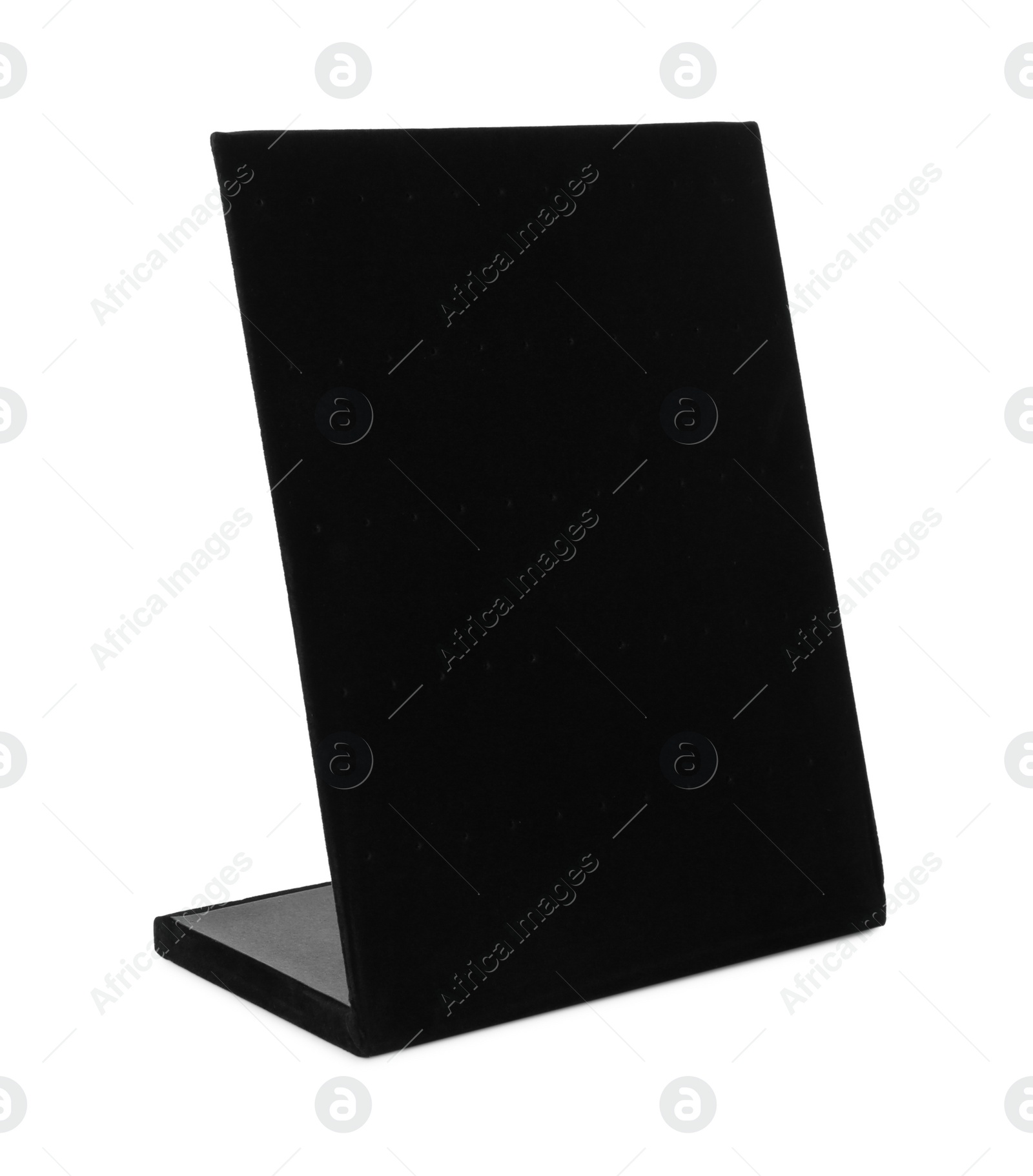 Photo of Empty black velvet display stand for jewelry isolated on white